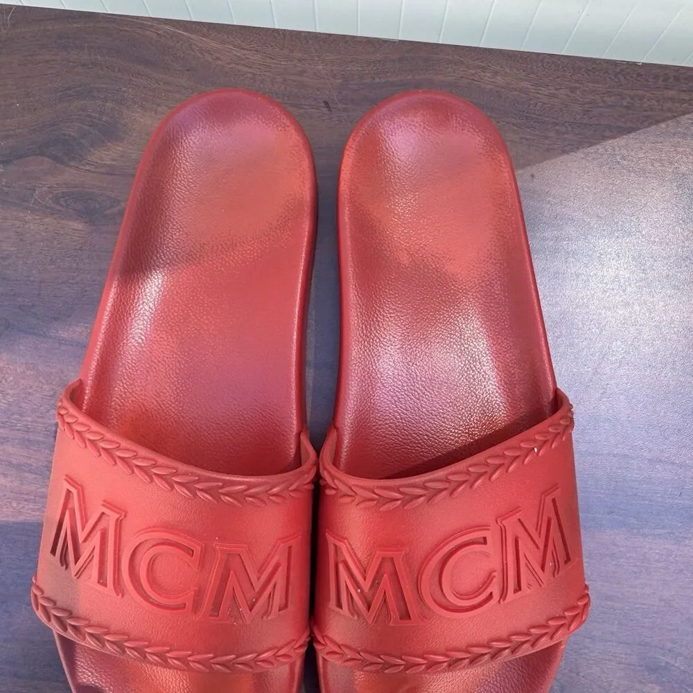 MCM Unisex Big Logo Rubber Slides Red Size 10 Men / 11.5 Women
